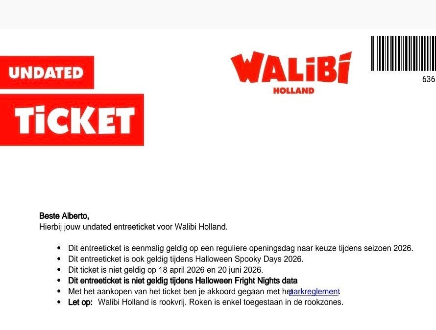 1x ticket Walibi Holland, Tickets en Kaartjes, Recreatie | Pretparken en Attractieparken, Eén persoon, Ticket of Toegangskaart