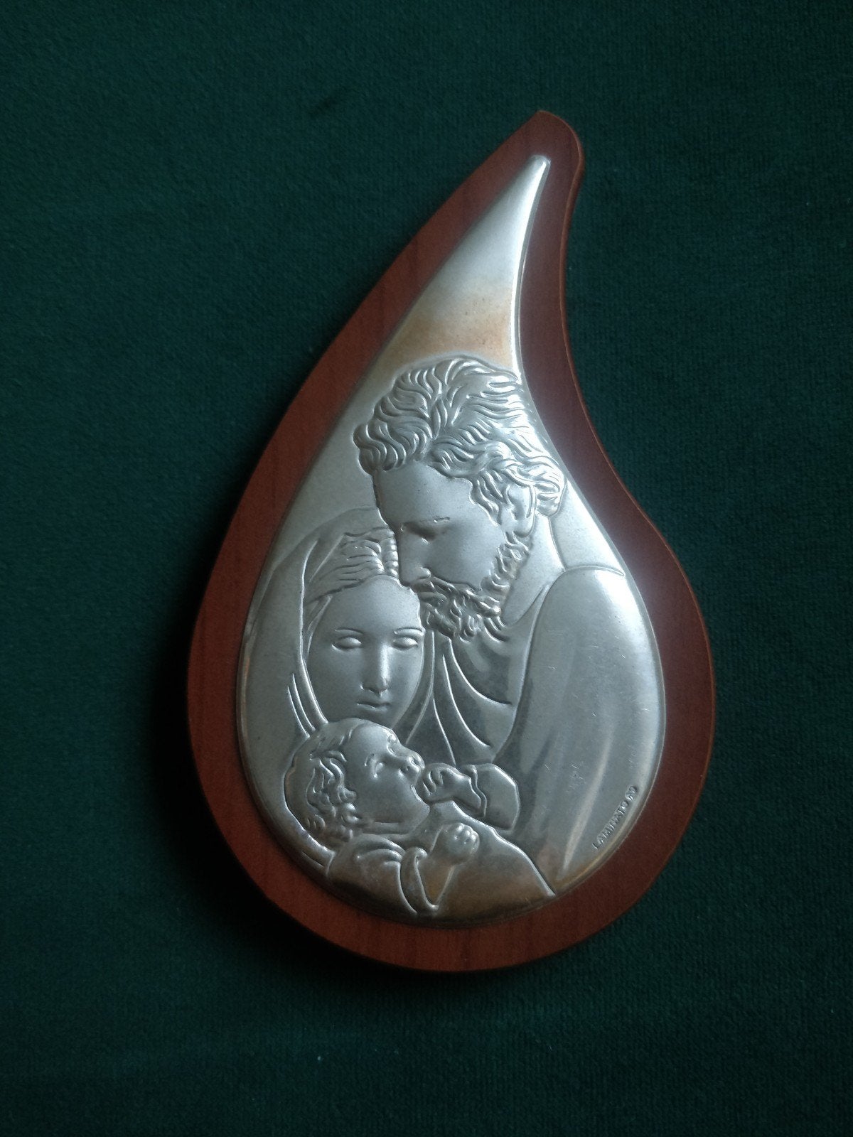Zilveren Plaquette Heilige Familie op Houten Druppelvorm, Antiek en Kunst, Ophalen of Verzenden