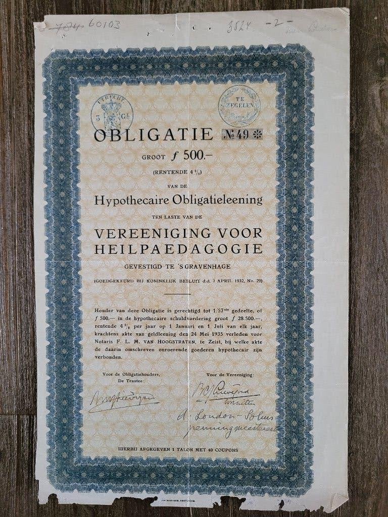 Hypothecaire obligatie Vereeniging voor Heilpaedagogie 4%, Ophalen of Verzenden, 1920 tot 1950, Obligatie of Lening