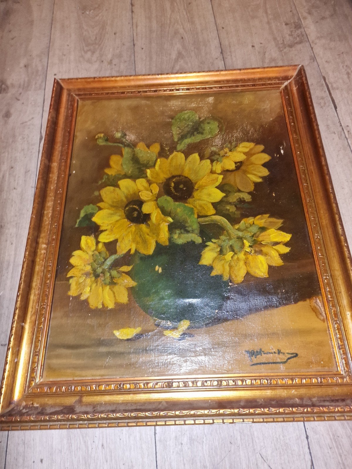 Schilderij Zonnebloemen in Vaas - Gesigneerd, Ophalen