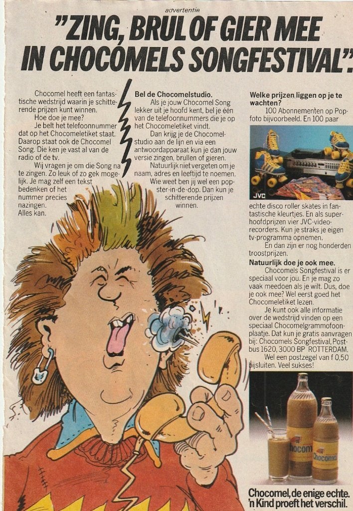 Retro reclame 1980 Nutricia Chocomel rolschaatsen wedstrijd, Verzenden, Overige typen