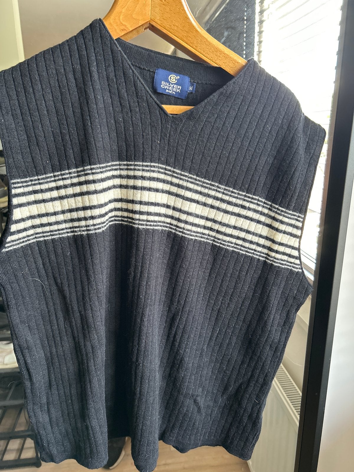 Zwarte mouwloze trui met strepen - Silver Creek, Ophalen of Verzenden, Gedragen, Maat 56/58 (XL), Zwart