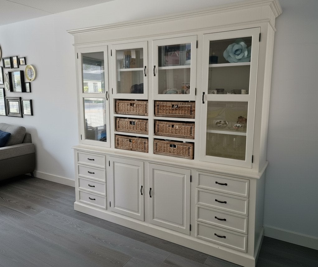 Landelijke buffetkast vitrinekast woonkamer kast met glas, Ophalen, Met deur(en), 200 cm of meer, 50 tot 75 cm