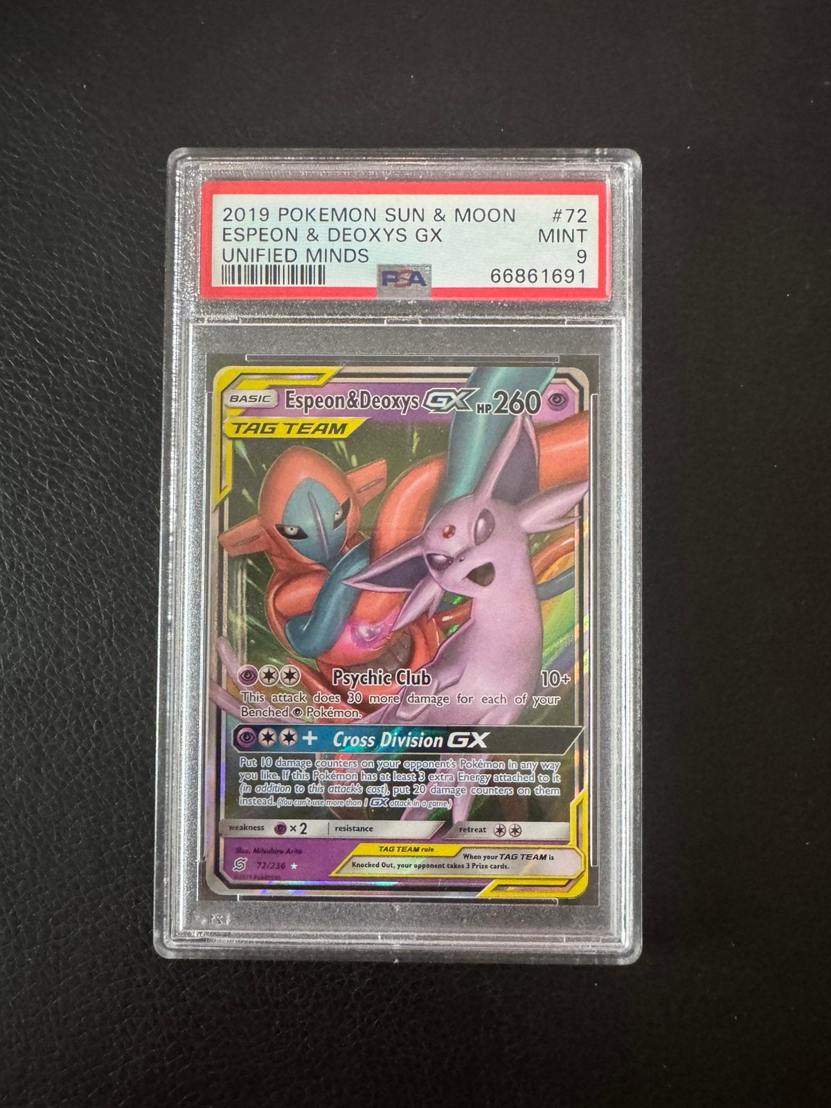 Pokemon tcg: Espeon Deoxys GX 72 PSA 9, Ophalen of Verzenden, Zo goed als nieuw