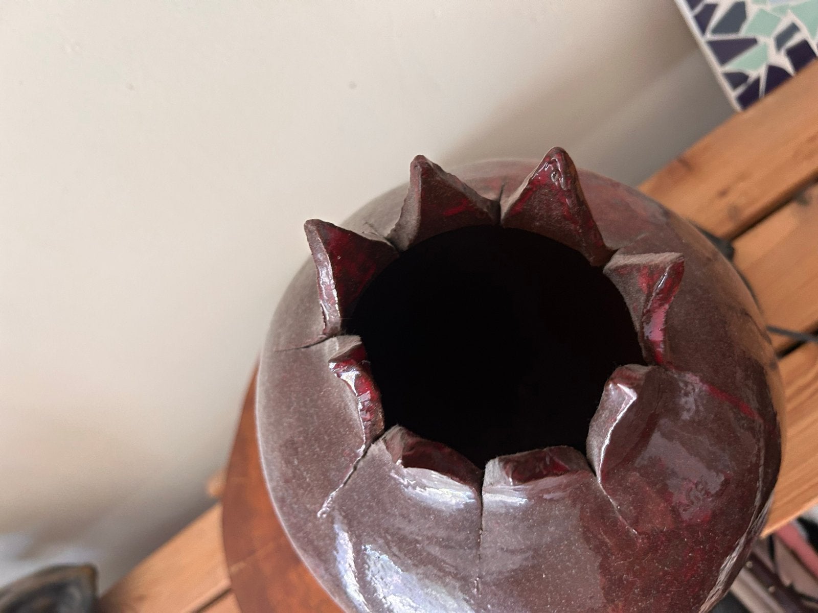 Unieke Keramieken Granaatappel Kunstlamp met Houten Houder, Huis en Inrichting, Gebruikt, Steen/keramiek, Ophalen, Met schakelaar