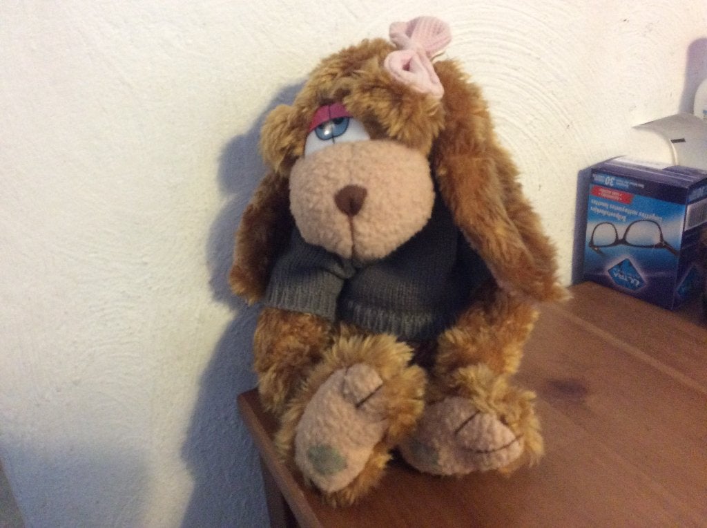 Konijn knuffel, met truitje en strikje, Ophalen of Verzenden, Zo goed als nieuw, Bruin, Konijn