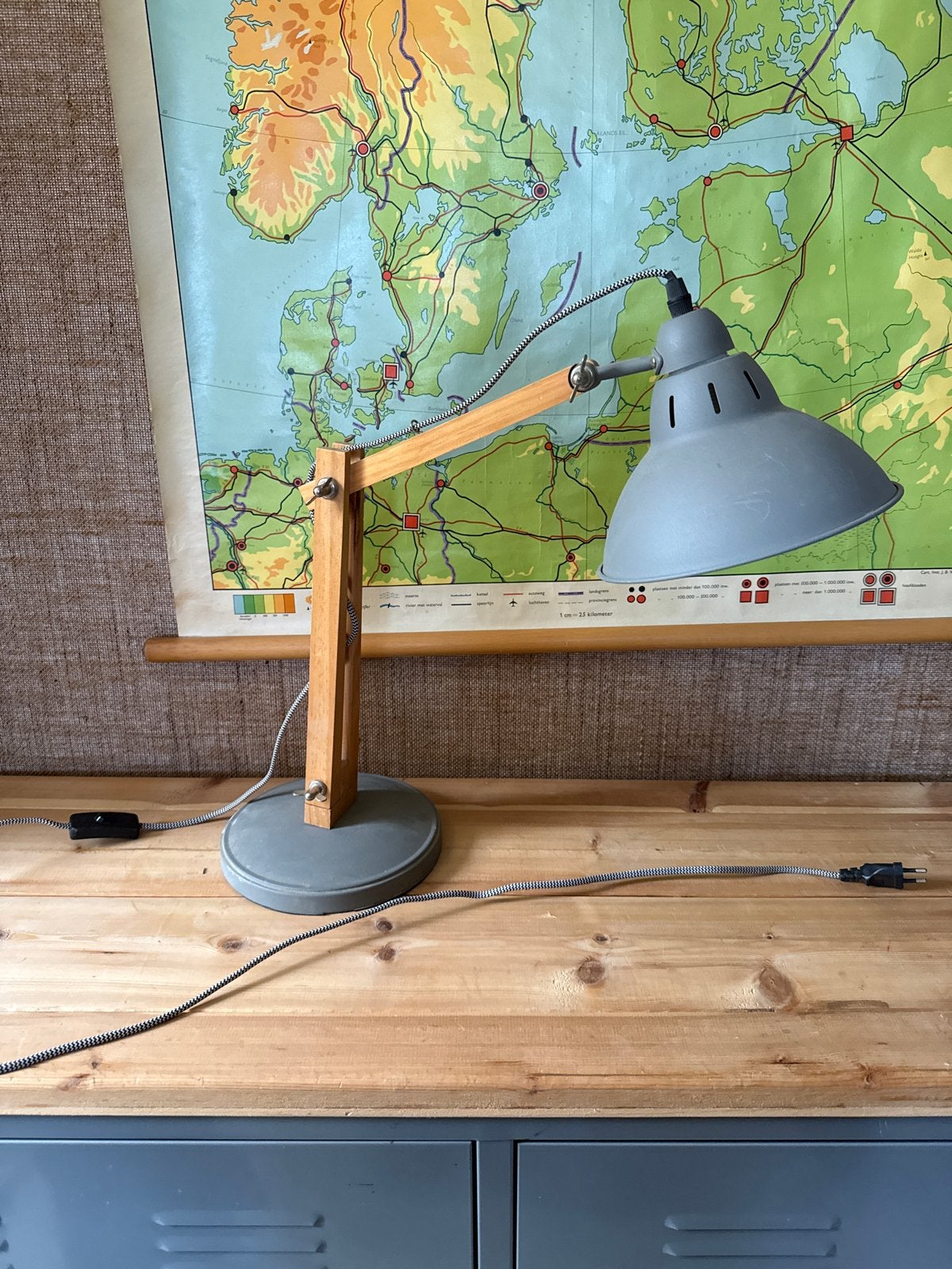 Retro Houten Bureaulamp - Vintage Kantoor Stijl, Ophalen, Gebruikt, Vintage, E27 (groot)