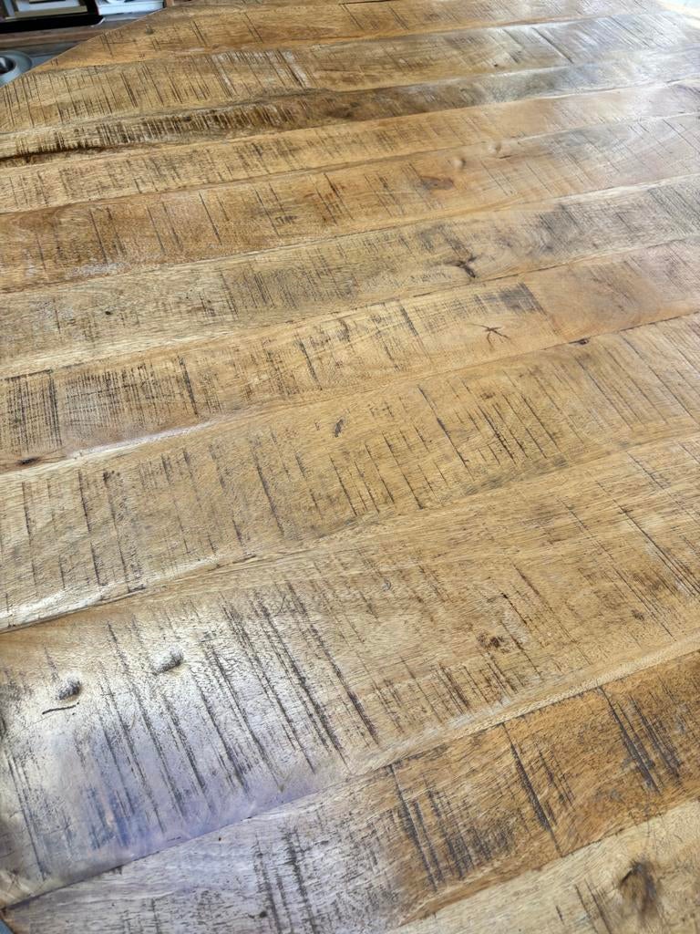 Ronde eettafel 150 cm mangohout met grijze stalen poten, Ophalen, Gebruikt, 100 tot 150 cm, Info@homestock.nl