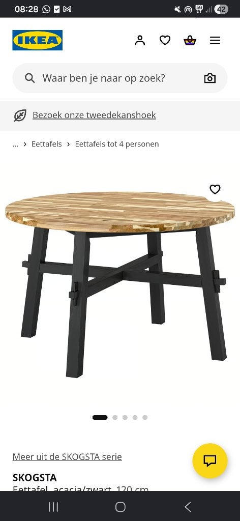 Ikea SKOGSTA ronde eettafel, acacia/zwart, 120 cm, Ophalen, Gebruikt, Modern, Scandinavisch, Rond