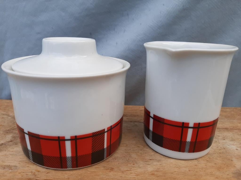 Vintage roomstelletje met geruite rand/  Spenz glasgow, Ophalen of Verzenden, Gebruikt, Porselein, Overige stijlen