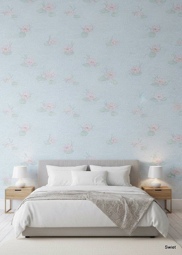 14073 Waterlelie vinyl vintage behang blauw roze Swiet, Ophalen of Verzenden, Groen