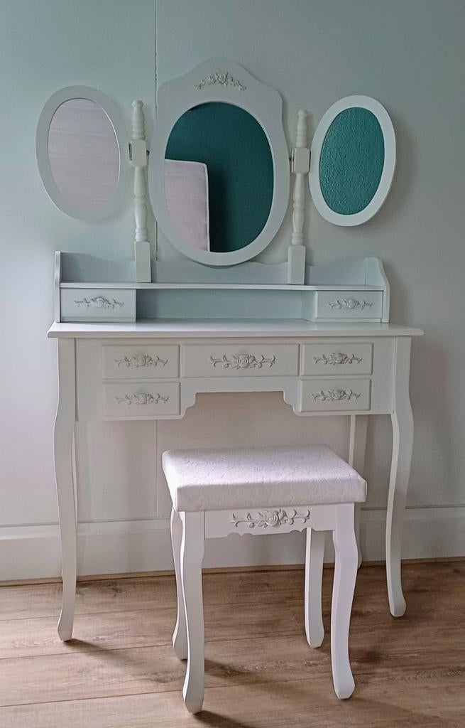 Witte Brocante Kaptafel met Kruk - Zo goed als nieuw, Ophalen, 100 tot 150 cm, 50 tot 100 cm, Zo goed als nieuw