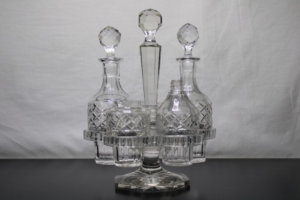 Antieke kristallen karafset met houder, 22,5 cm hoog, Antiek en Kunst, Antiek | Glas en Kristal, Ophalen of Verzenden