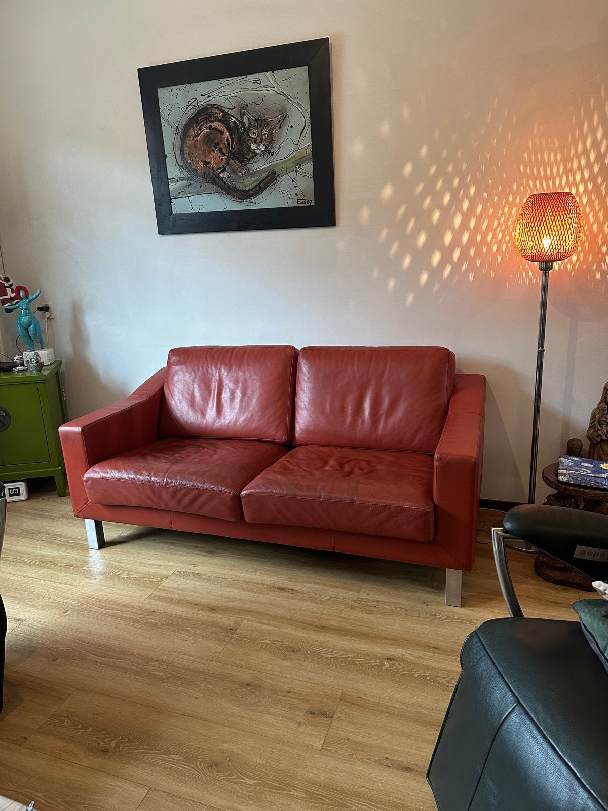 Leolux 2-zits bank van rood leer, Ophalen, Gebruikt, 150 tot 200 cm, Tweepersoons