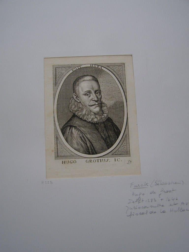 originele gravure Hugo de Groot, met tekst Ruit Hora 15x10cm, Antiek en Kunst, Kunst | Etsen en Gravures, Origineel, Portret, Gravure