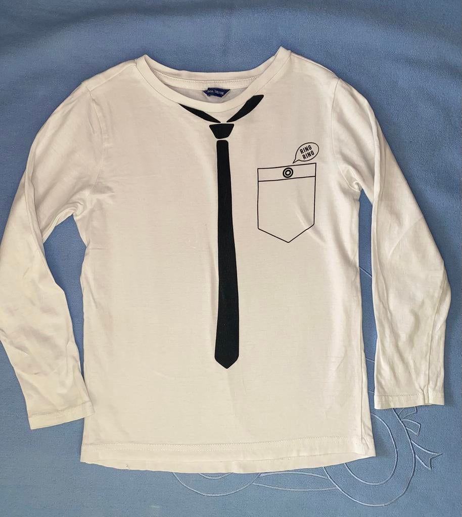 Wit shirt met lange mouwen en stropdasprint in maat 110-116, Ophalen of Verzenden, Gebruikt, Jongen of Meisje, Shirt of Longsleeve