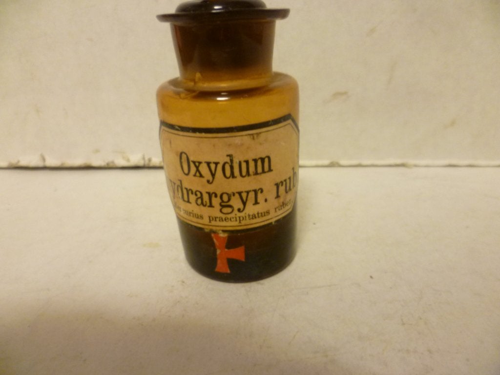 Oude Apothekers Fles etiket Oxydum Hydrarg.Rub 10cm hoog, Antiek en Kunst, Curiosa en Brocante, Ophalen of Verzenden
