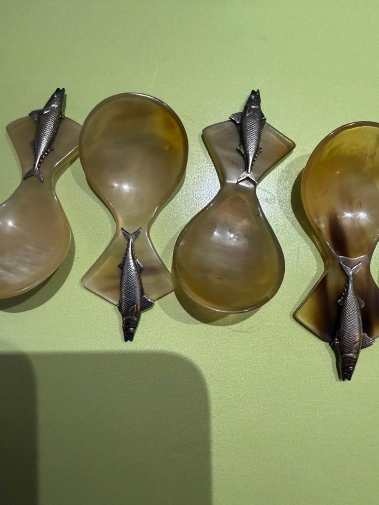 6 vintage amuse of kaviaar lepels hoorn met zilver, Antiek en Kunst, Verzenden