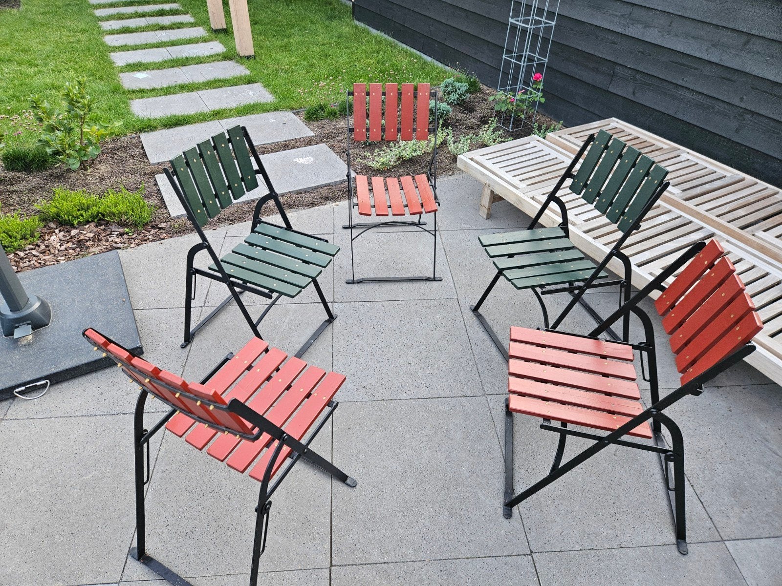 5 smeedijzeren bistrostoelen (inklapbaar) + maatwerk kussens, Tuin en Terras, Tuinsets en Loungesets, Ophalen of Verzenden
