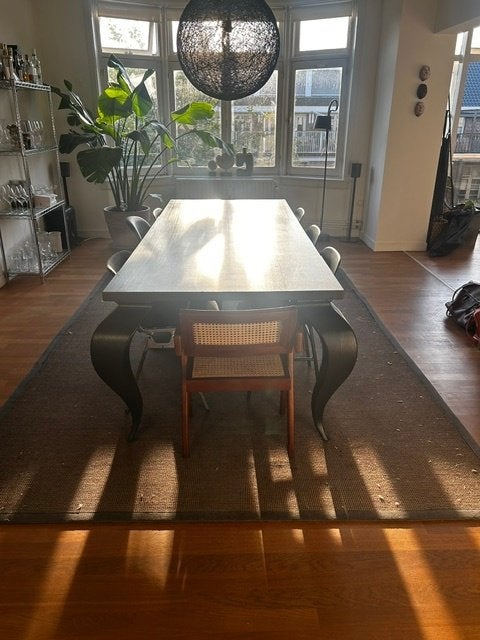Eetkamertafel massief eiken zwart gebeitst, Ophalen, Gebruikt, 200 cm of meer, 50 tot 100 cm