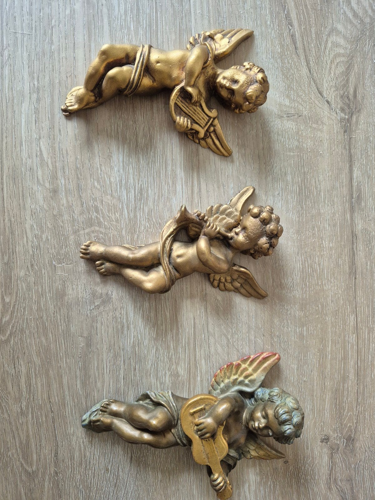 Set van 3 gouden engeltjes met muziekinstrumenten, Ophalen, Gebruikt, Religie