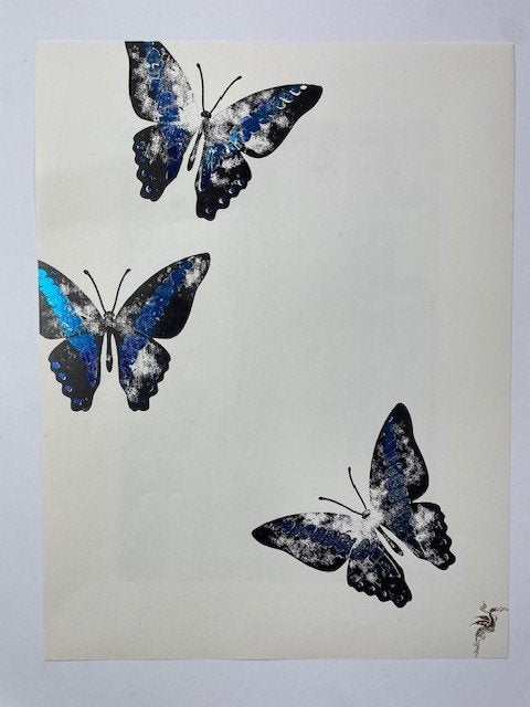 poster houtsnede vlinders op oud prentenpapier gedrukt, Ophalen of Verzenden, Gebruikt, Minder dan 50 cm, Foto of Poster