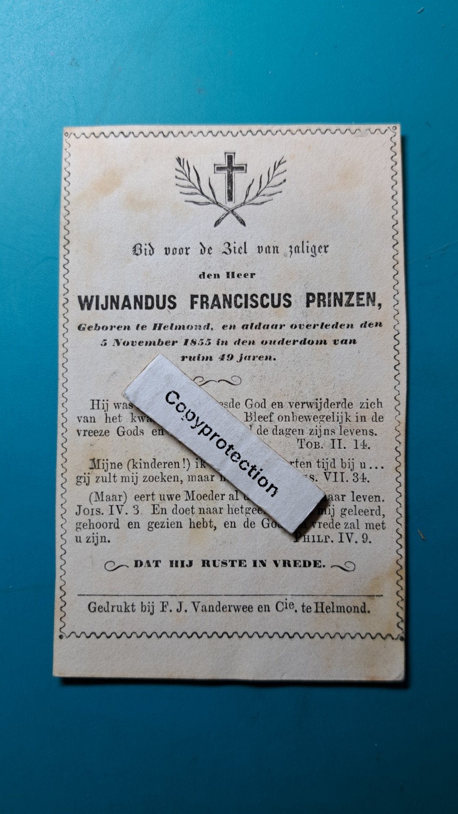 Wijnandus Franciscus Prinzen, Helmond 1806, + 1855, Verzamelen, Bidprentjes en Rouwkaarten, Verzenden, Bidprentje