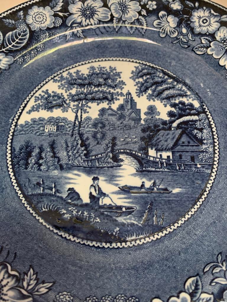 Blauw-wit wandbord met landschap en bloemen, Ophalen