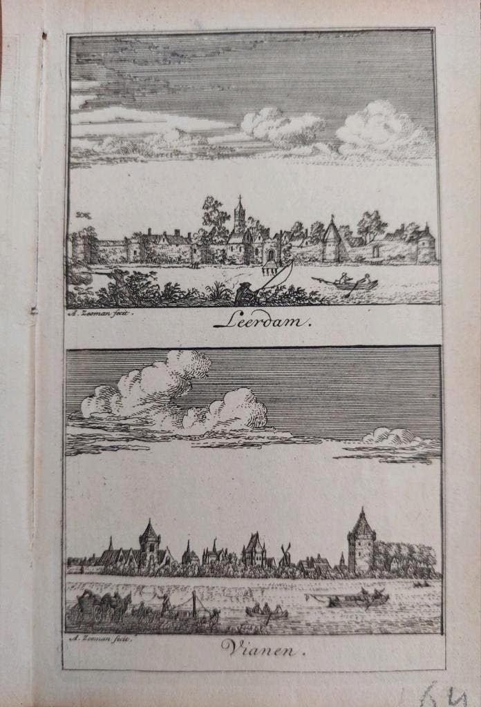 1 / Leerdam - Vyanen - Vianen Gravure A. Zeeman uit 1730, Antiek en Kunst, Ophalen of Verzenden