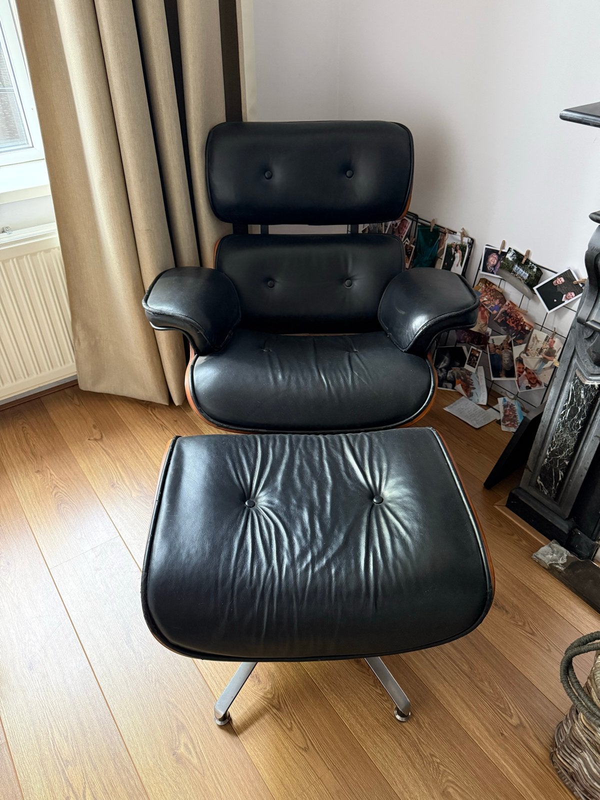 Eames Lounge Chair replica met ottoman - Zwart leer, Ophalen, Gebruikt, Hout, 75 tot 100 cm