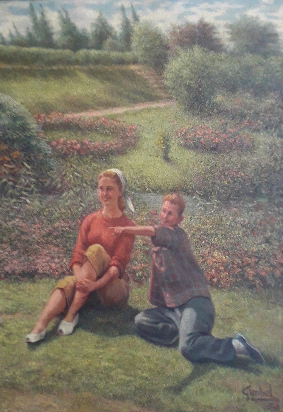 PAUL GIMBEL (1912-1969)>MOOI MEISJE EN JONGEN IN ZONNIG PARK, Antiek en Kunst, Doek, Realistisch, Landschap, Olieverf