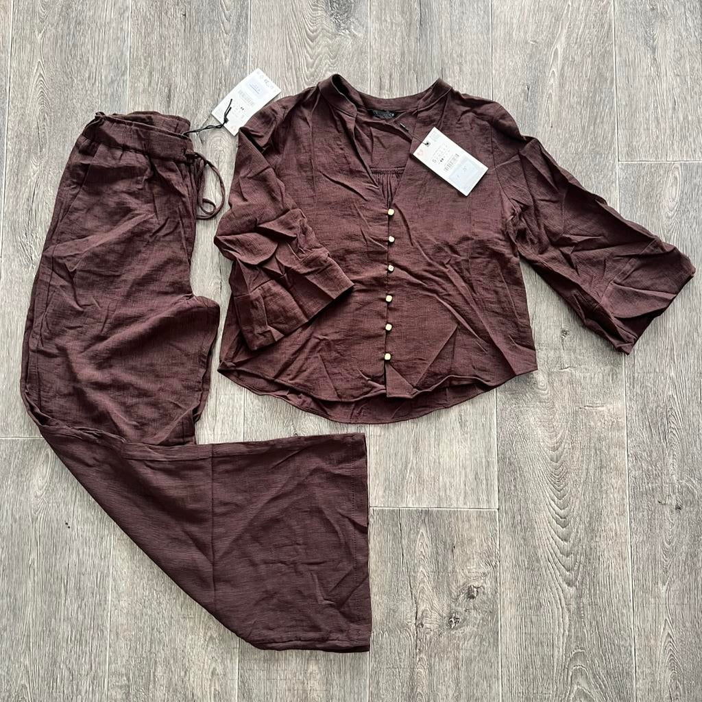 Zara bruine Bambula blouse en broek set - maat S, Ophalen of Verzenden, Nieuw, Maat 36 (S), Bruin