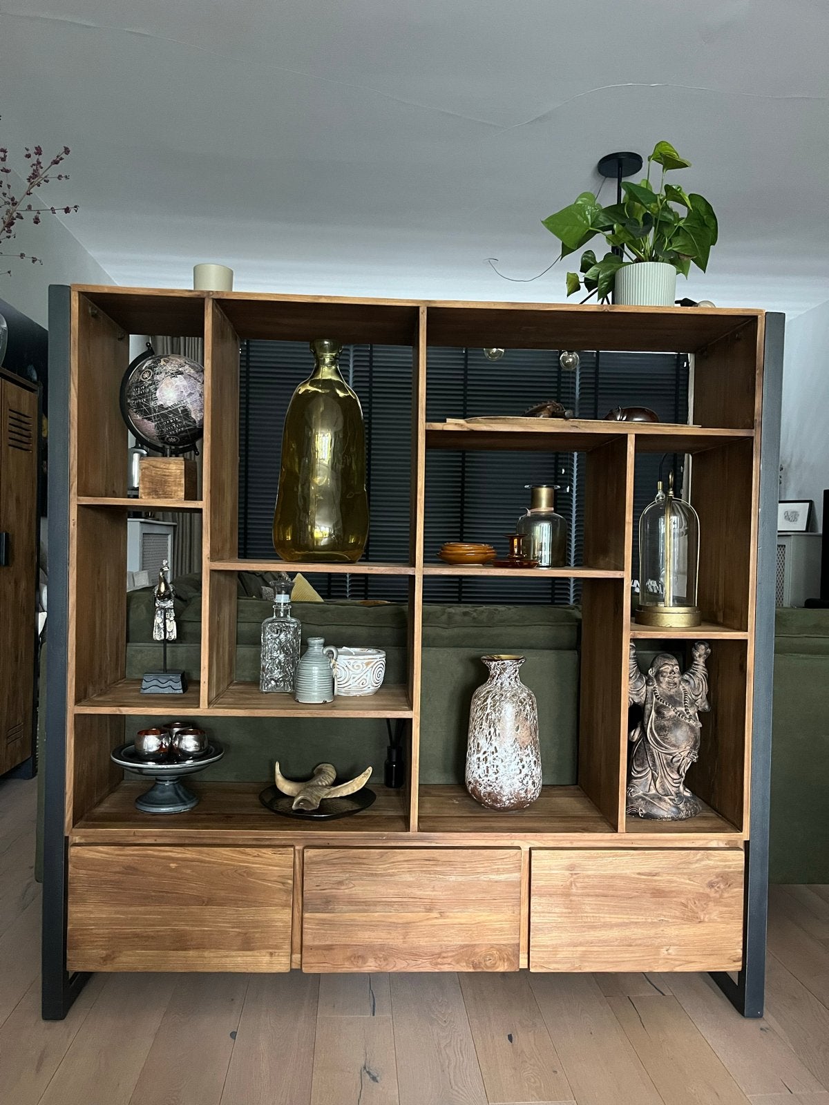 Houten roomdivider met 3 Lades - 150x150x35 cm, Ophalen, 100 tot 150 cm, Zo goed als nieuw, Met lade(s)