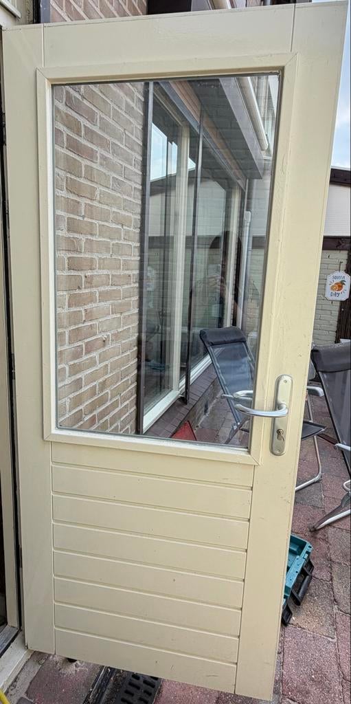 Stevige hardhouten deur met dubbelglas, Doe-het-zelf en Verbouw, Ophalen, Gebruikt, 80 tot 100 cm, Buitendeur