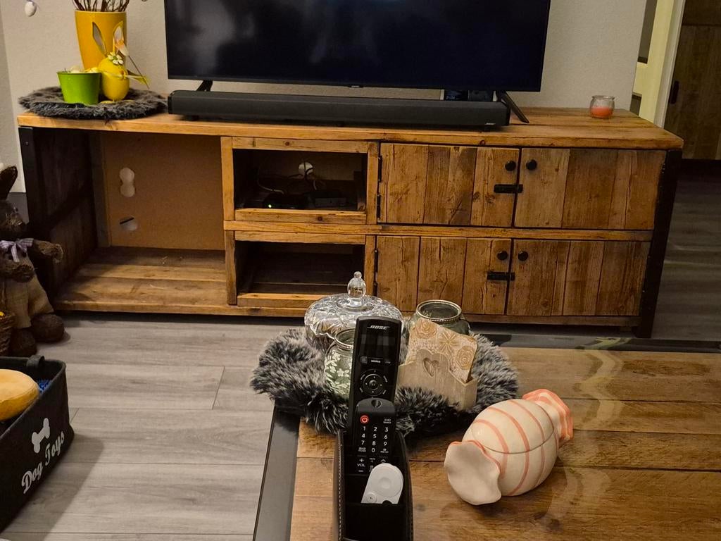 Steigerhouten TV-meubel en salontafel set, Ophalen, Gebruikt, 150 tot 200 cm, Minder dan 100 cm