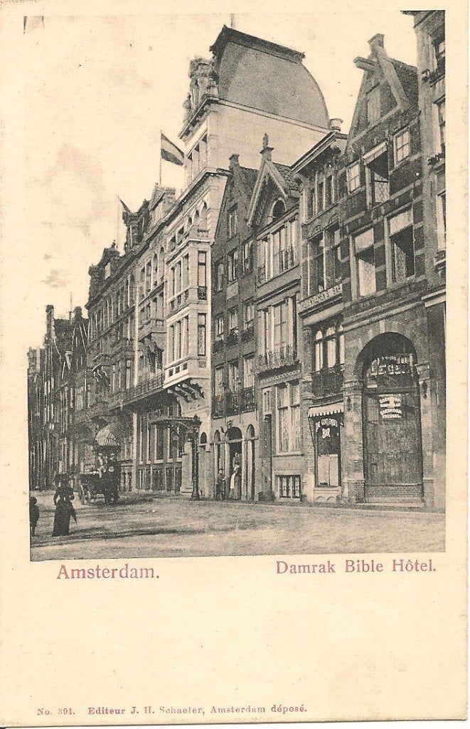 Oude ansichtkaart Damrak Bible Hôtel Amsterdam, Verzamelen, Ophalen of Verzenden, Voor 1920, Ongelopen, Noord-Holland