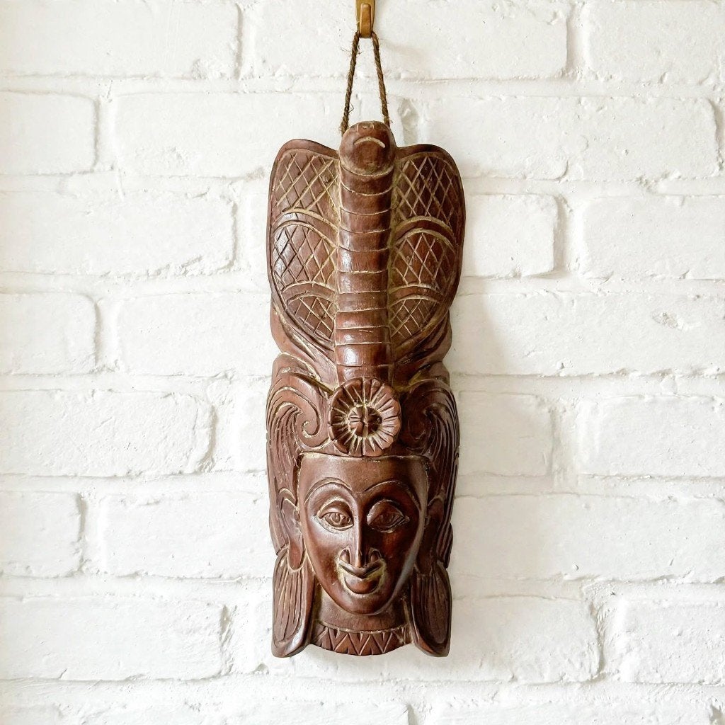 Vintage Balinees Houten Wandmasker met Naga Cobra - 21 cm, Hout, Bruin, Masker, Ophalen of Verzenden