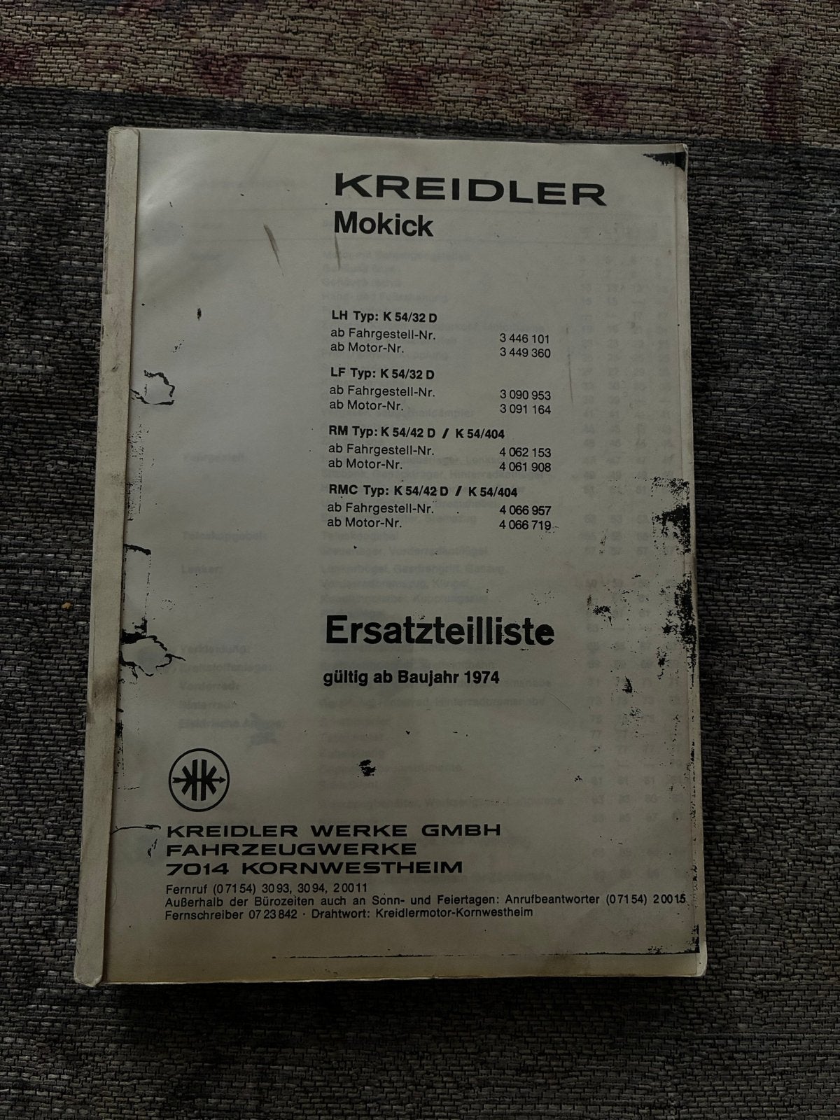 Kreidler Onderdelenlijst Mokick - Vanaf bouwjaar 1974, Ophalen of Verzenden, Gebruikt, Overige typen