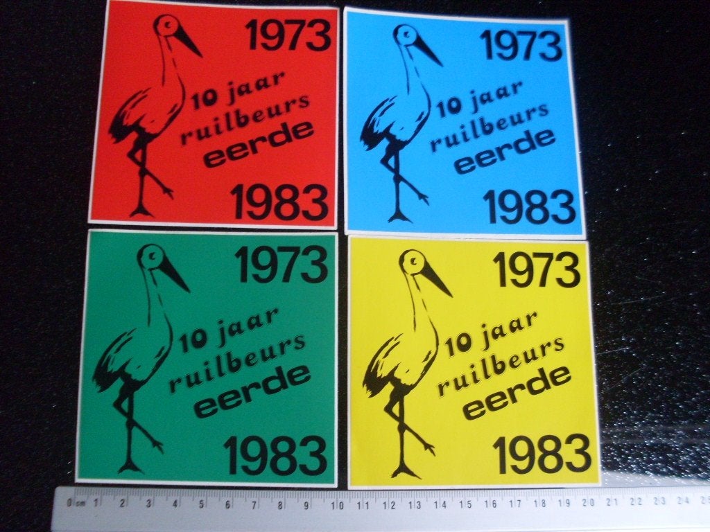 4x sticker 10 jaar ruilbeurs eelde 1983 logo ooievaar, Verzenden, Zo goed als nieuw, Bedrijf of Vereniging