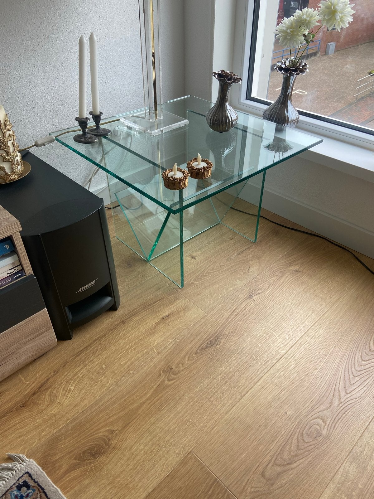 Mooie glazen tafel / bijzettafel, Ophalen, Minder dan 45 cm, Minder dan 55 cm, Gebruikt