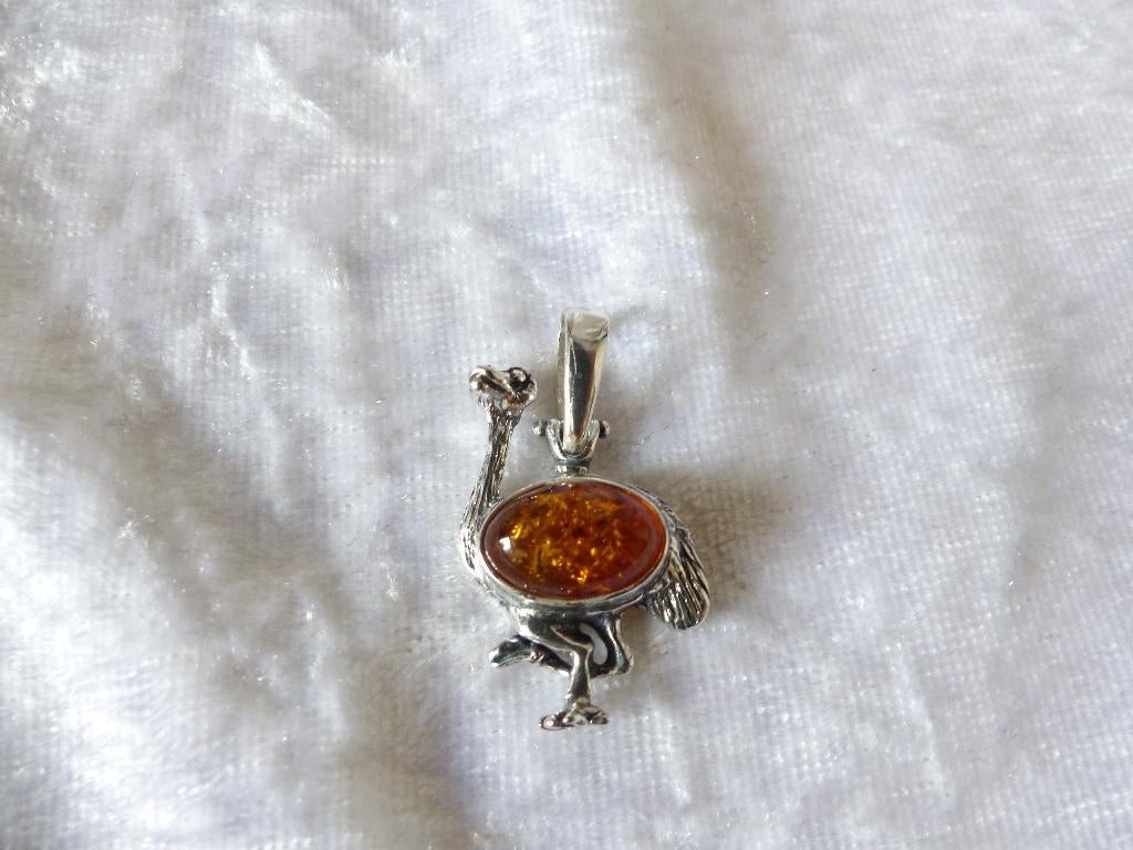 Mooie Aparte Zilveren Hanger met Barnsteen - Struisvogel, Sieraden, Tassen en Uiterlijk, Verzenden, Zilver, Hanger, Met edelsteen