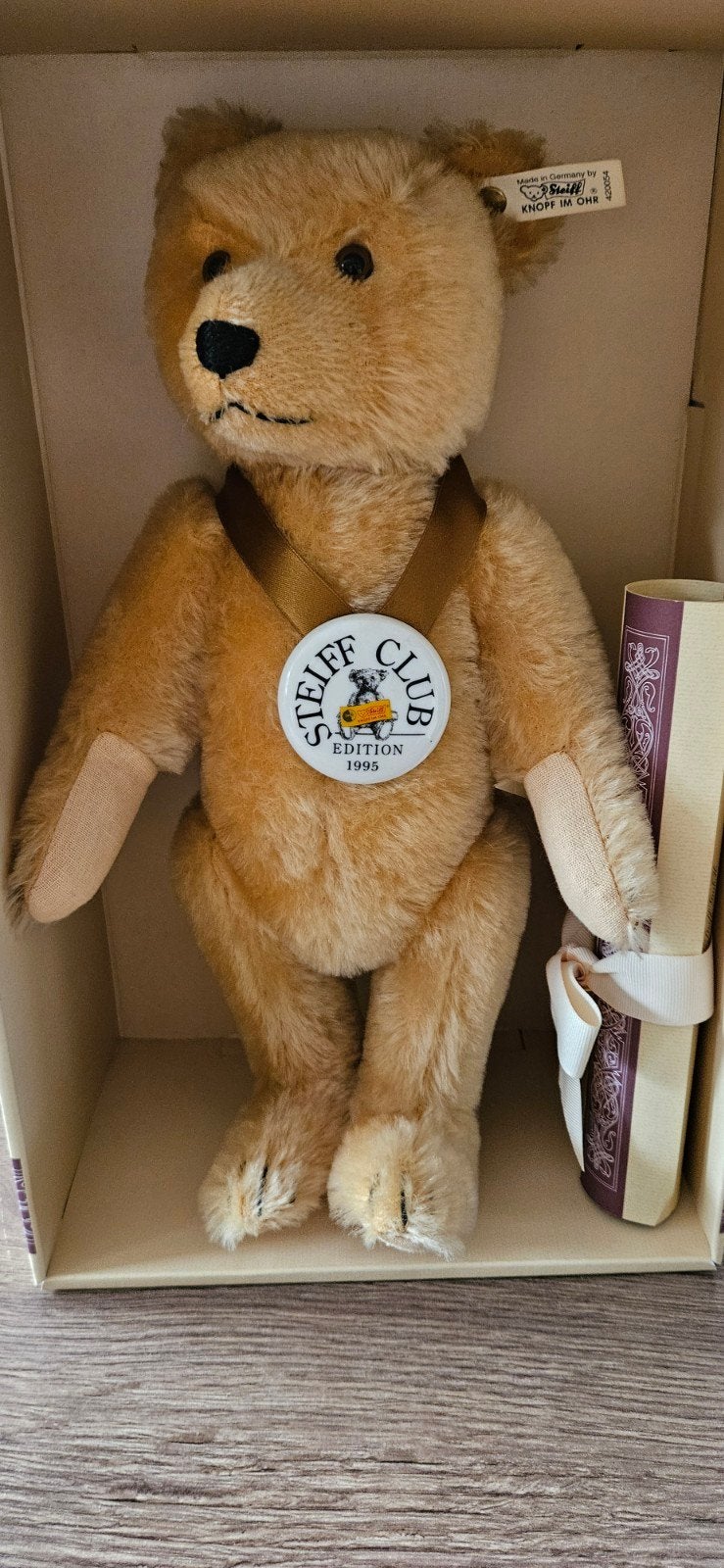 steiff club Baby-beer blond 1995 replica van 1946 (35)cm, Ophalen of Verzenden, Nieuw, Stoffen beer, Steiff