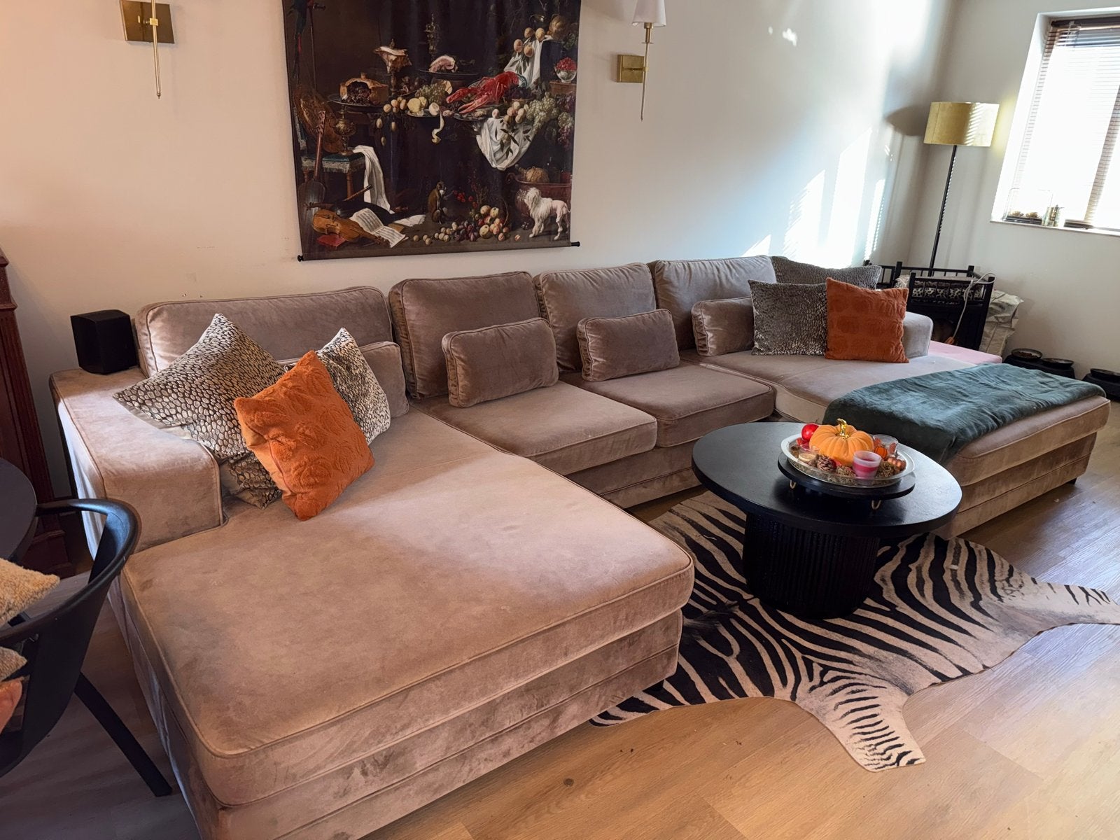 Grote u in taupe velours - Zeer comfortabel, Ophalen, Gebruikt, Hoekbank, 300 cm of meer