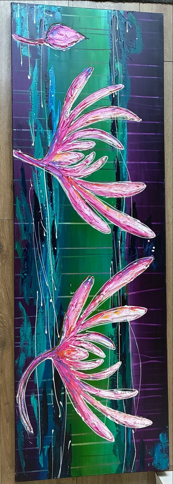 Modern Schilderij Abstract Roze Bloemen 60x150cm, Ophalen, Acrylverf, Handgeschilderd, Bloemen