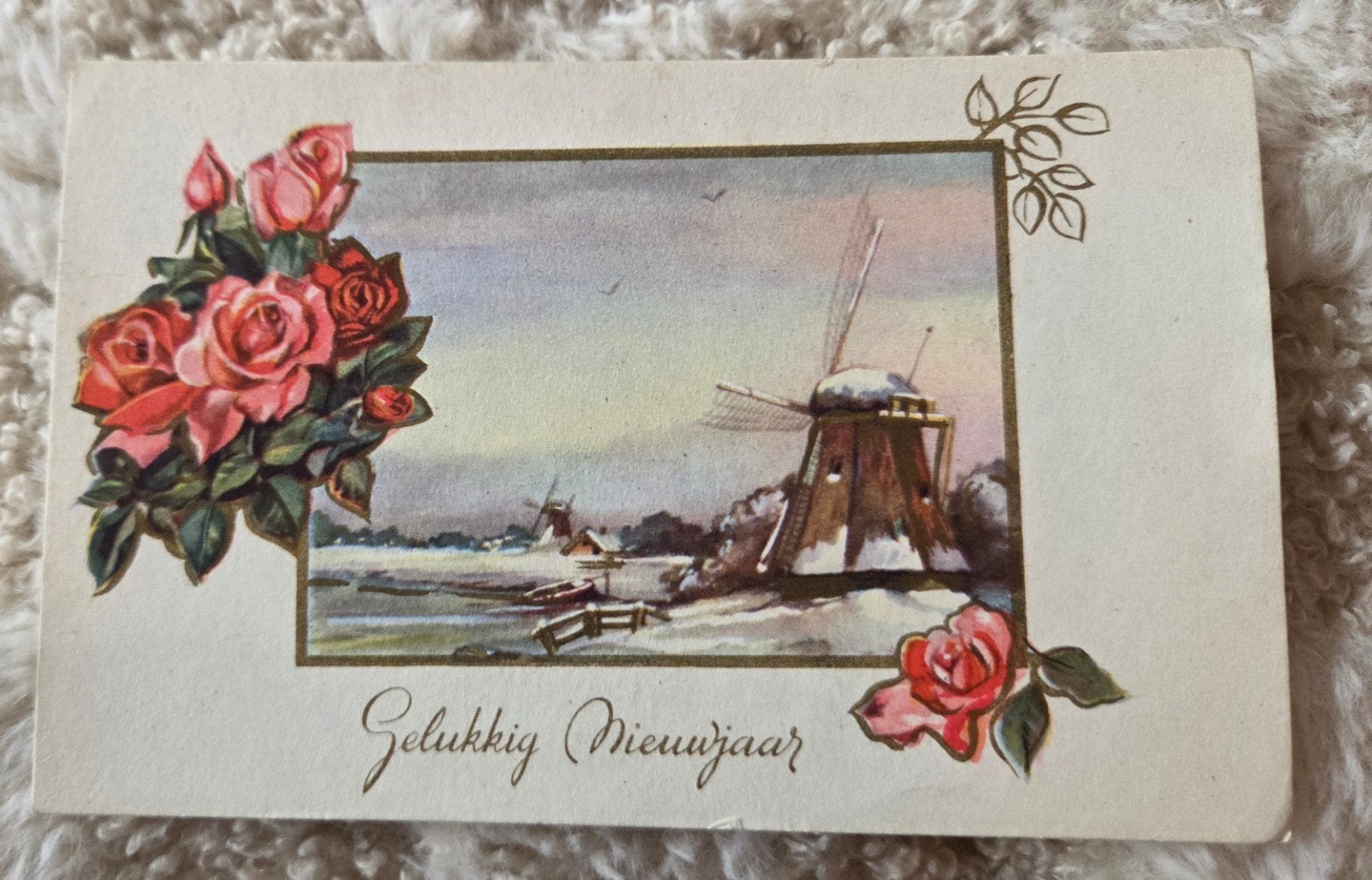 Vintage Nieuwjaarskaart Molens en Rozen - Gelukkig Nieuwjaar, Verzenden, 1940 tot 1960, Gelopen, Feest(dag)