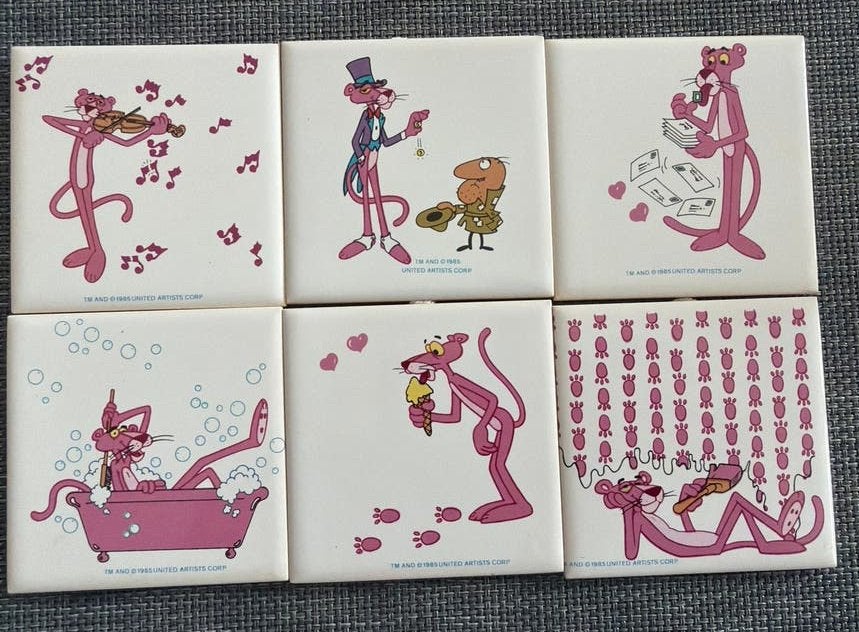 6 Vintage Pink Panther Tegeltjes - 7,5x7,5 cm - 1985, Ophalen of Verzenden