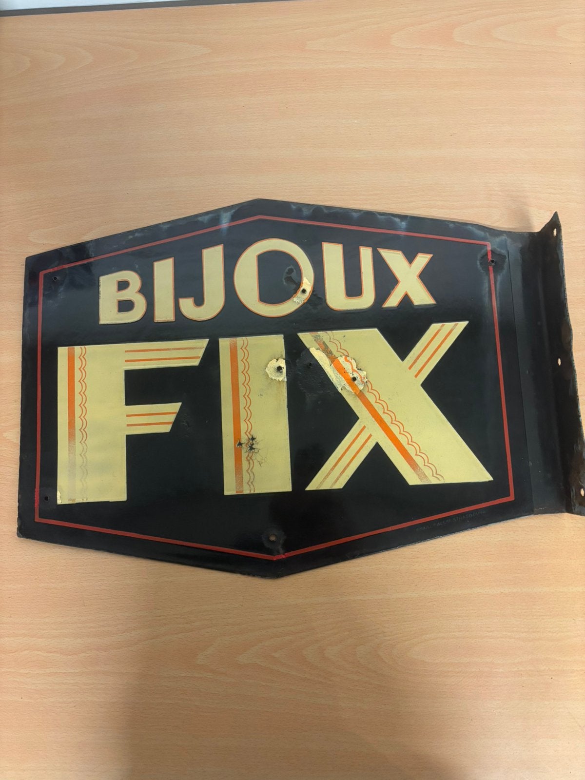 Superleuk bord met kogelgaten Bijoux fix jaren 50, Ophalen, Zo goed als nieuw, Reclamebord