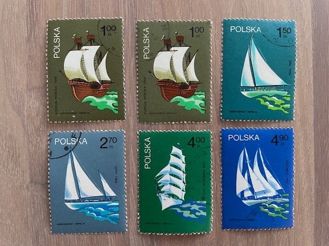 6x Zeilschepen 1974, Ophalen of Verzenden, Polen, Gestempeld