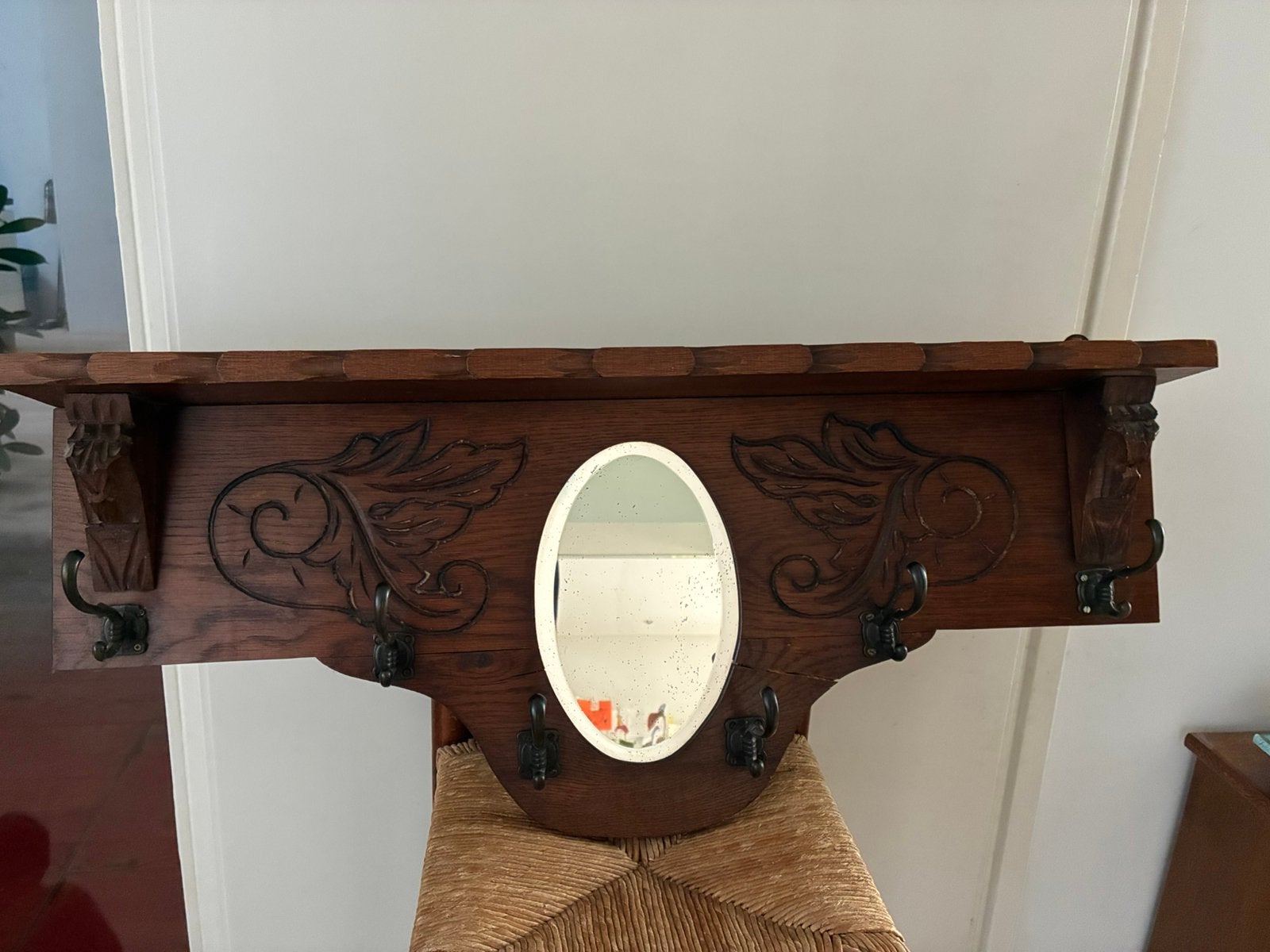 Antieke kapstok, 6 haken en spiegel, Gebruikt, Minder dan 100 cm, Hout, Ophalen
