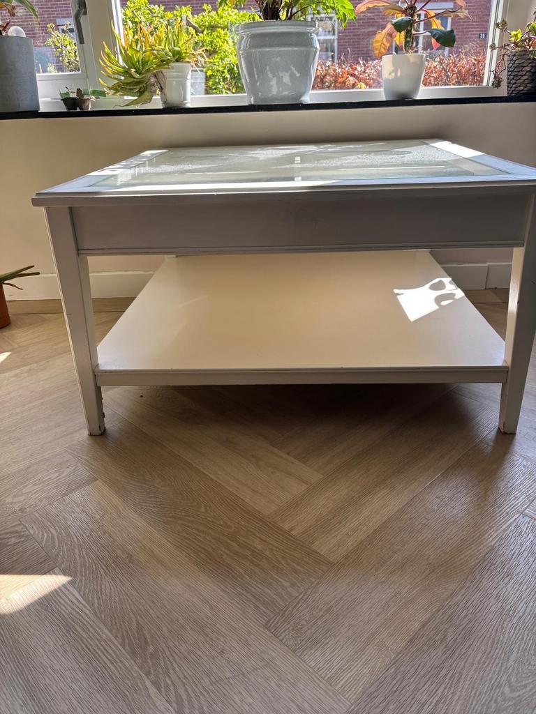 Vierkante houten tafel met glazen blad - ideaal voor LEGO, Ophalen, Gebruikt, Vierkant, 50 tot 100 cm